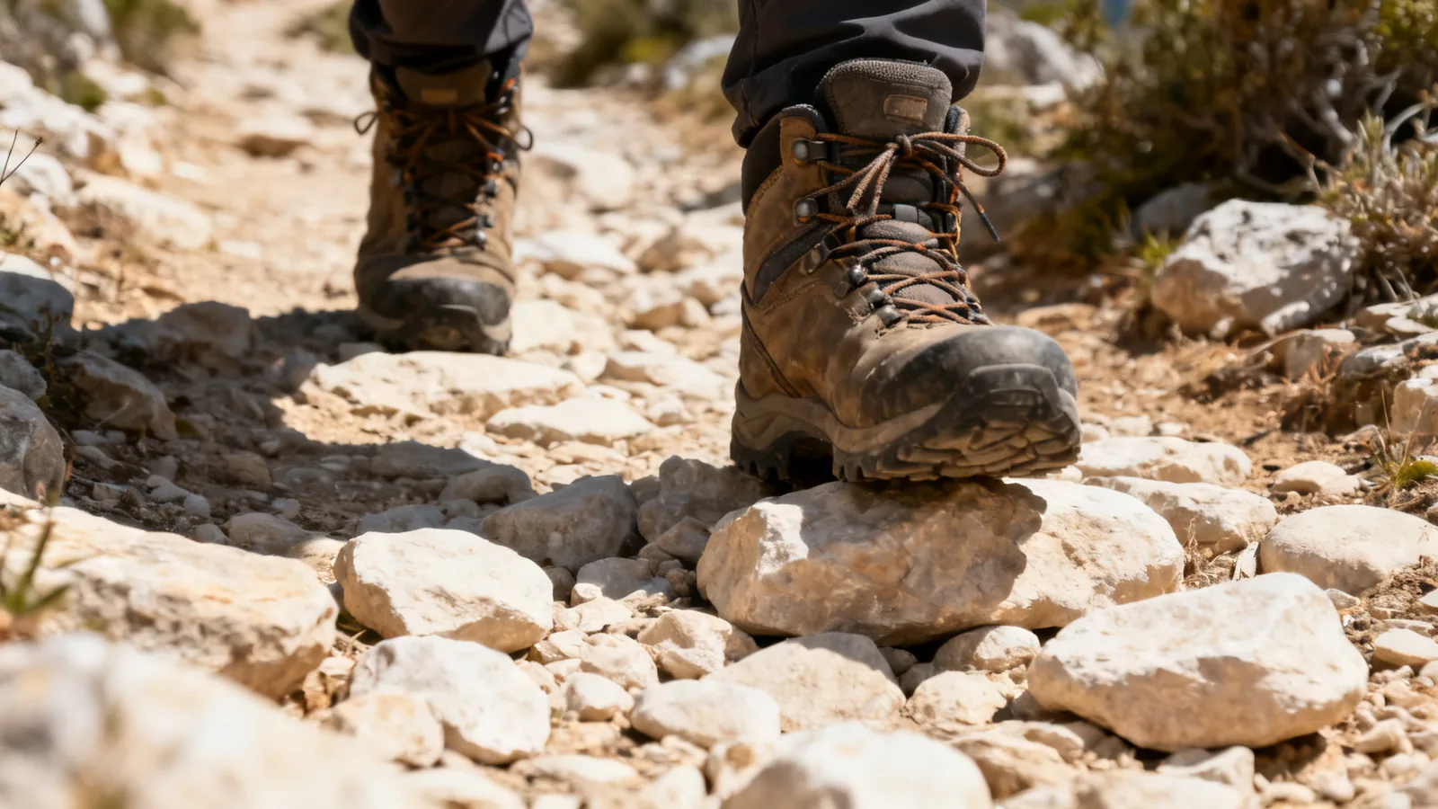 Hiking shoes stepping over pale stones on a mountain path