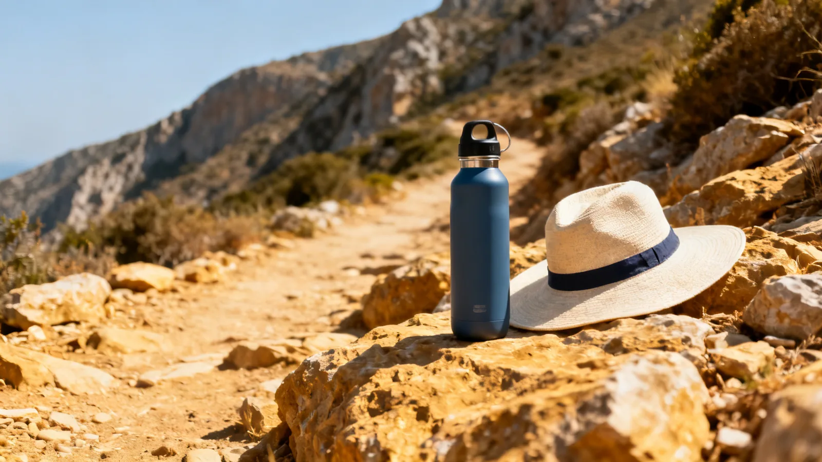 A reusable water bottle and sun hat on a dry stony path