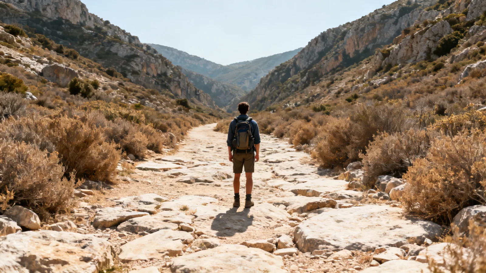 A hiker on a broad rocky Mediterranean valley path