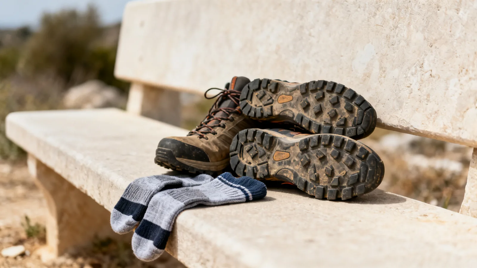 Worn hiking shoes with grippy soles beside walking socks