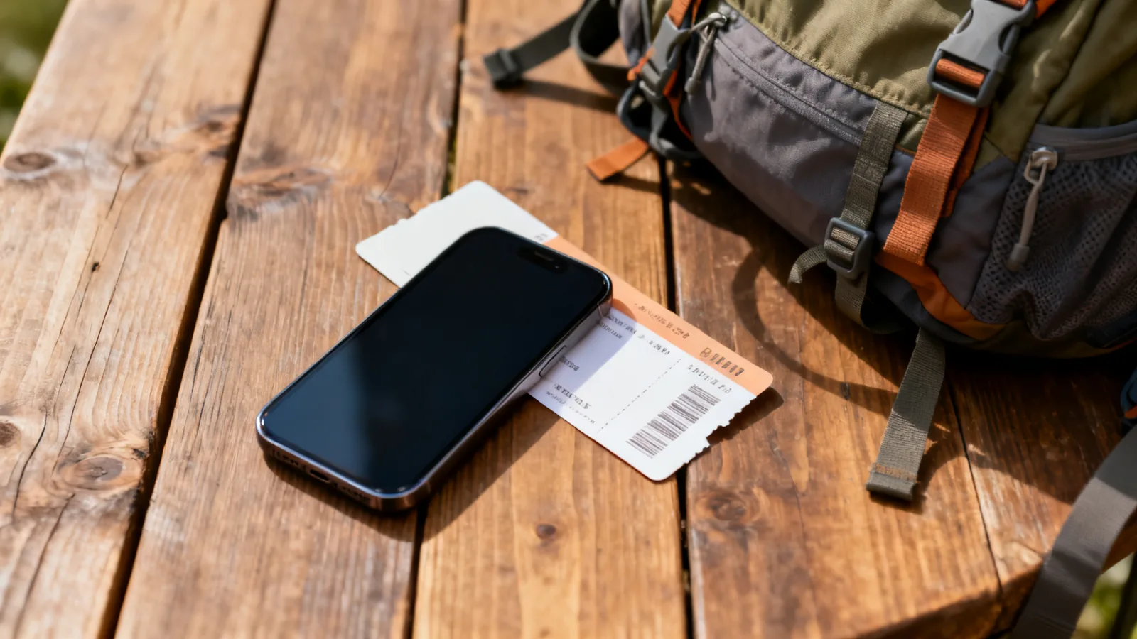 A blank-screen phone beside a plain ticket and hiking bag