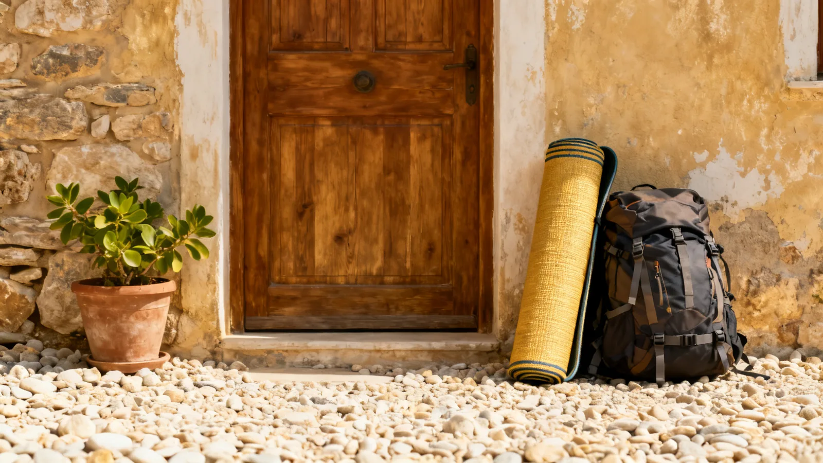 A rolled sleeping mat and backpack beside a guesthouse doorway