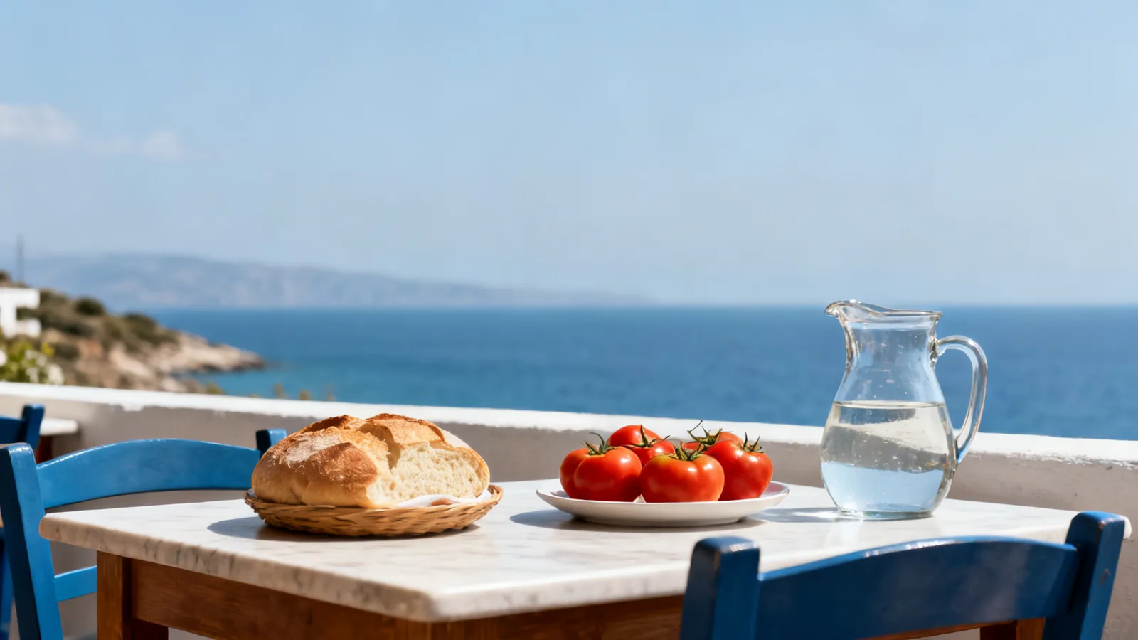 A simple Cretan meal on an outdoor table beside the sea