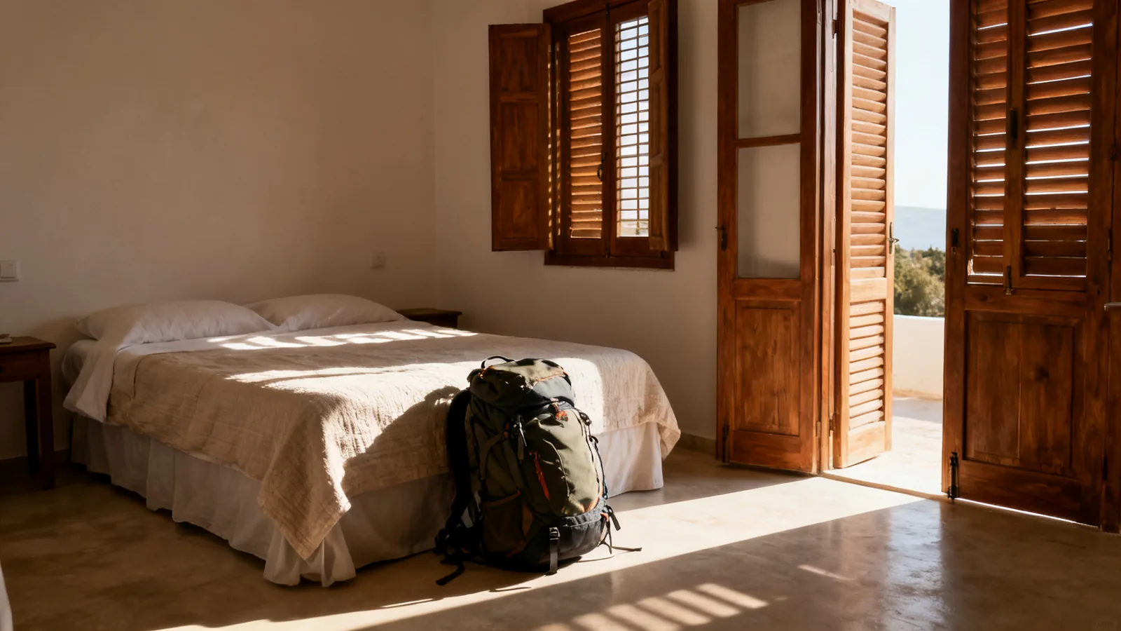 A generic guest room with shutters and a hiking bag