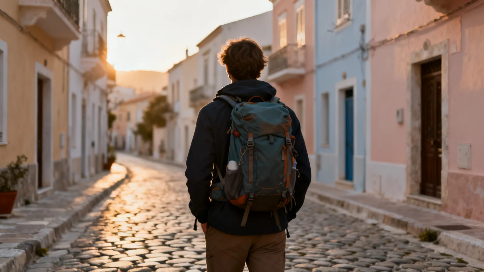 A traveller with a hiking bag waiting on a quiet town street