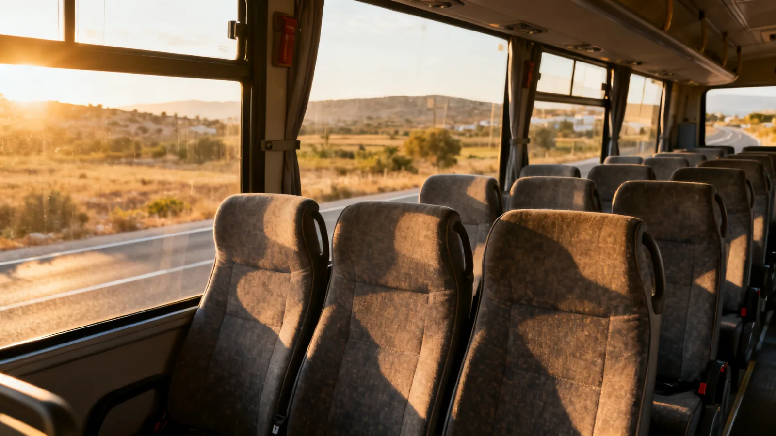 Empty coach seats with early sunlight through the windows