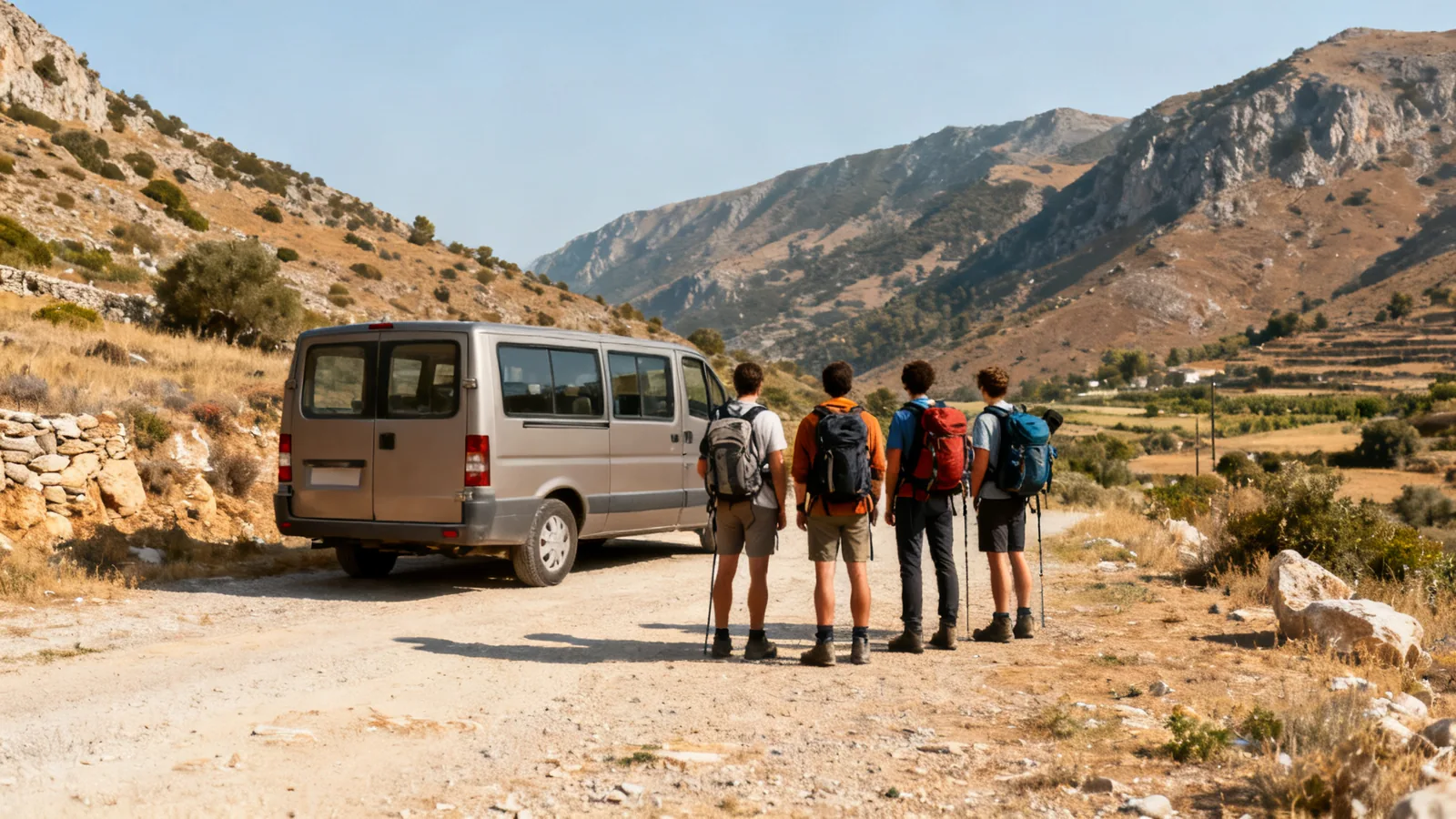 Hikers beside an unbranded minibus in a mountain setting