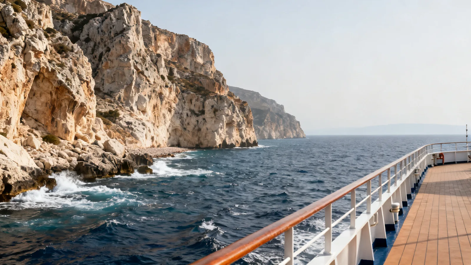 View from a passenger deck towards a rocky Mediterranean coastline