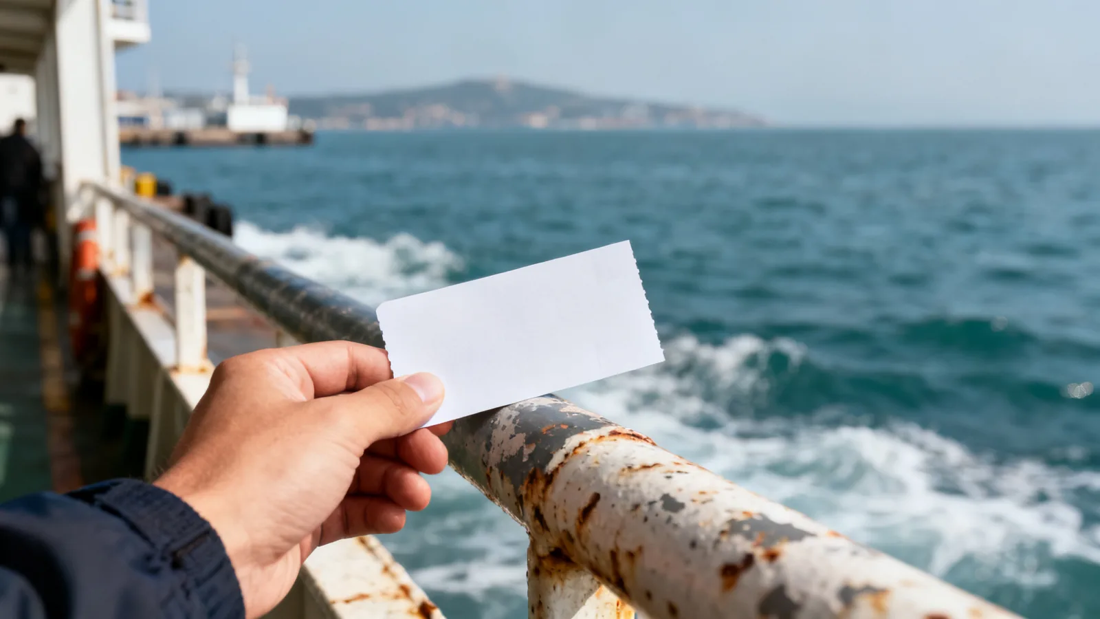 A passenger holding a plain ticket beside a harbour railing