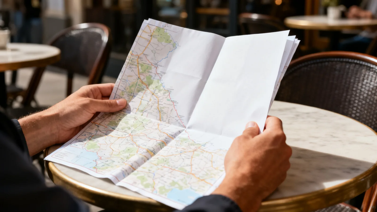 Hands studying a plain folded map before a mountain trip