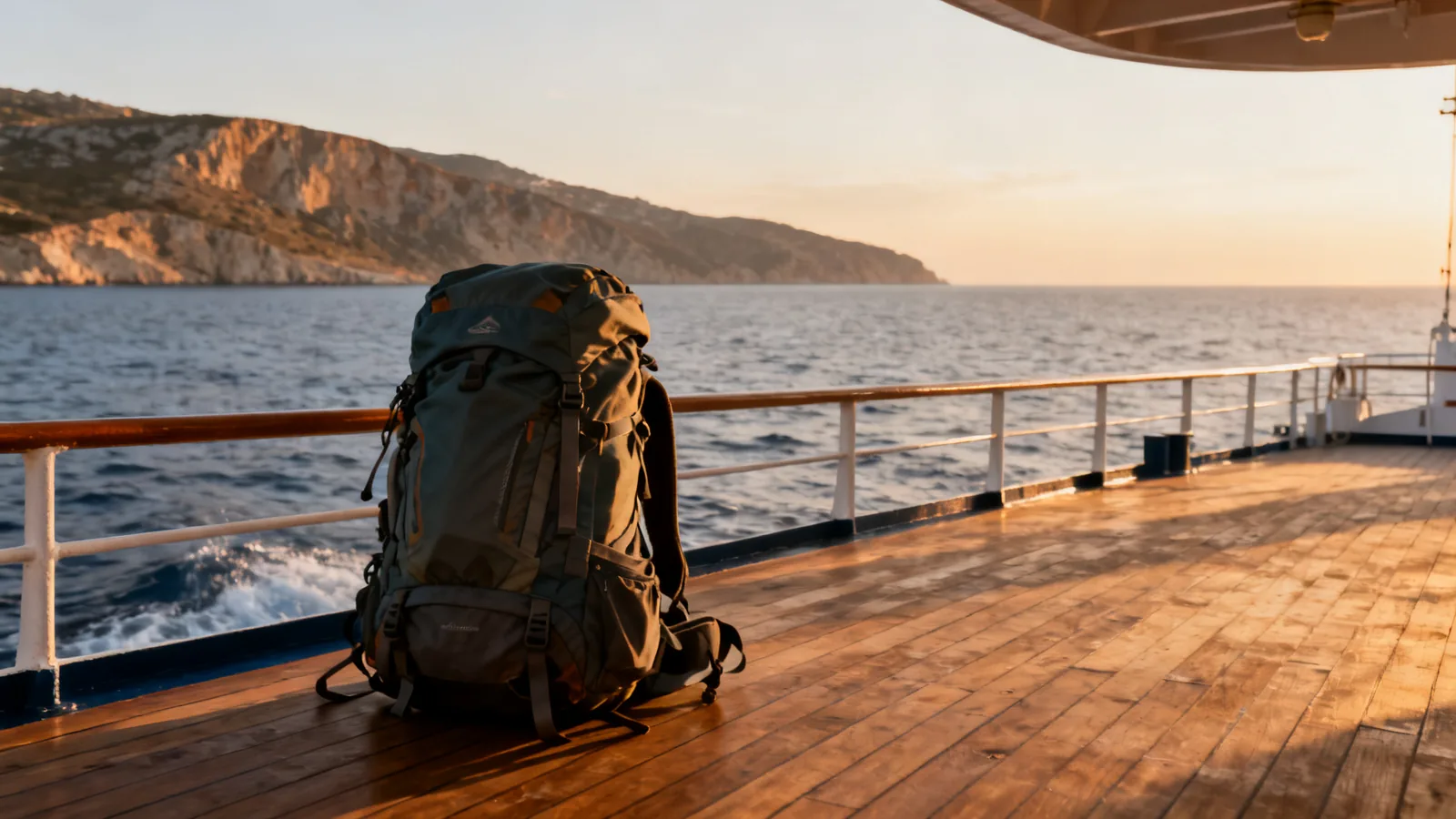 A hiking backpack on a passenger ferry deck