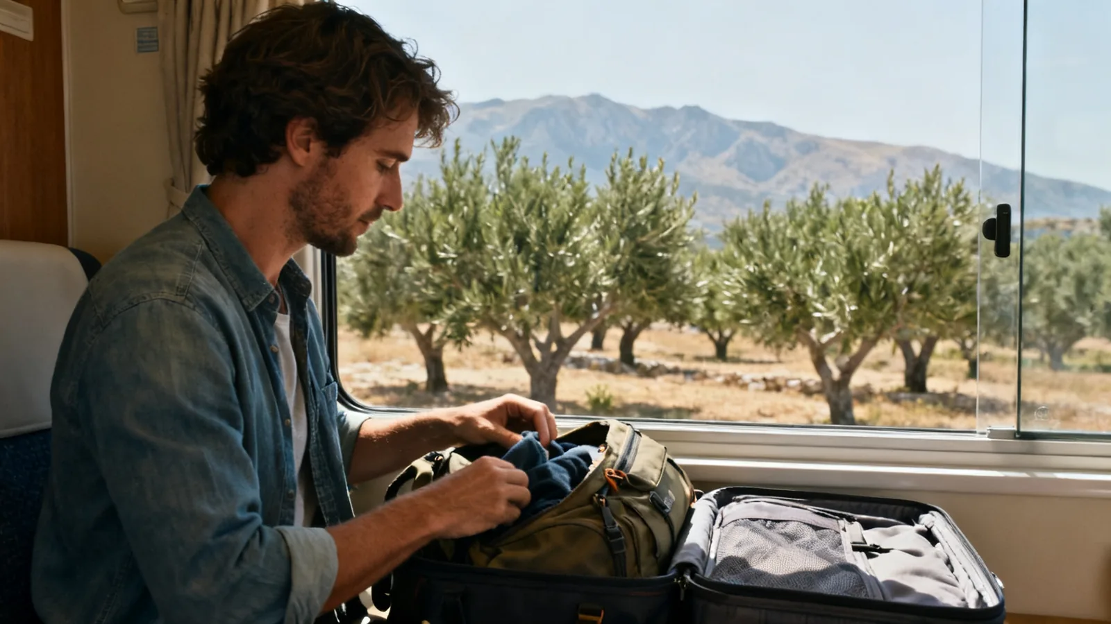 A traveller packing a day bag beside a window