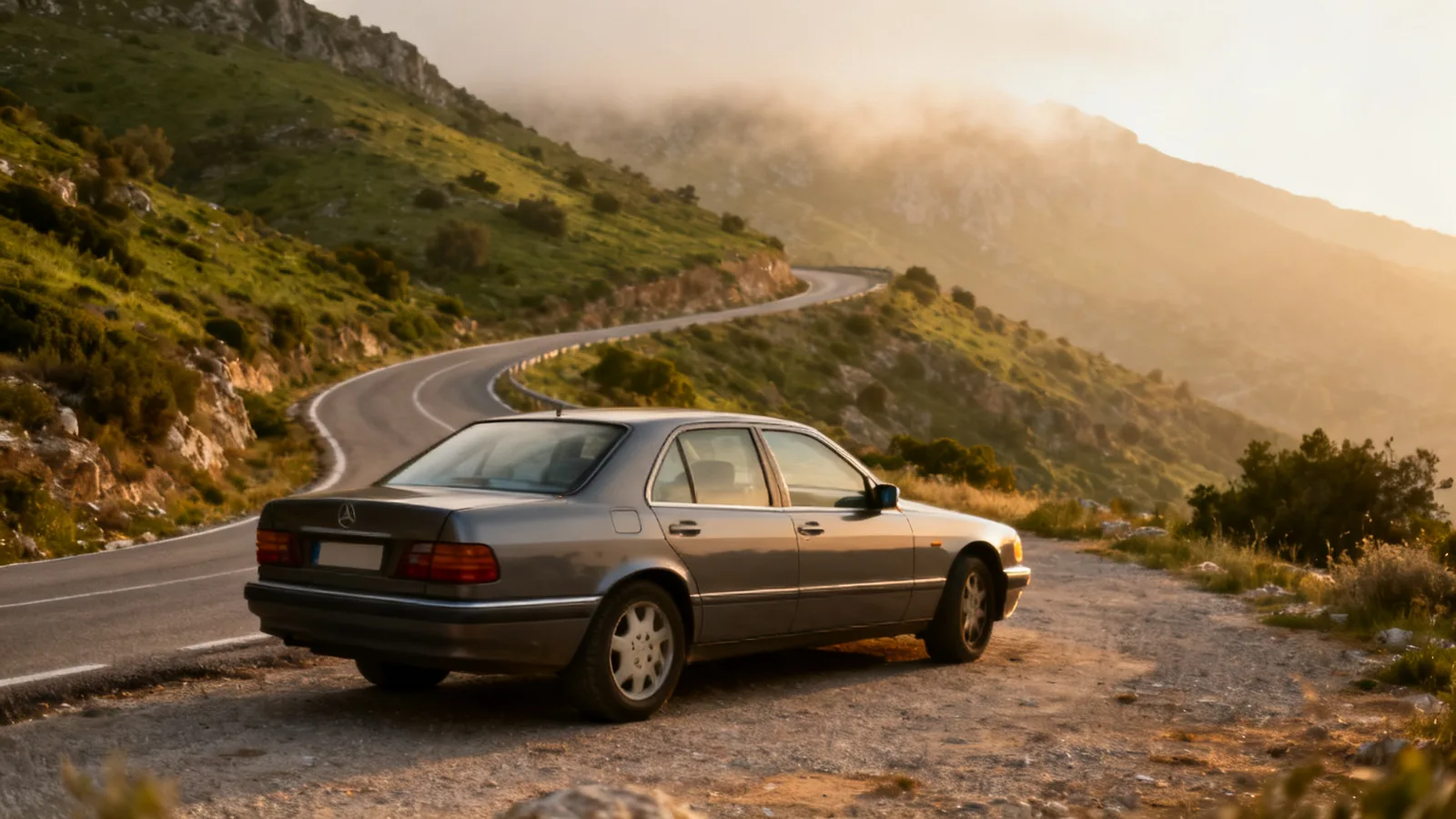 An unbranded passenger car on a winding mountain road